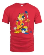 Funny Lazy Cat Painter Cartoon Art Graphic T Shirt Tee - red t-shirt on white background