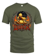 Funny Rock Style Duck Quack Graphic T Shirt Fire Metal Tee - military green t-shirt on white background
