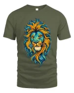 Colorful Lion Head Cosmic Art Graphic T Shirt Bold Style Tee - military green t-shirt on white background