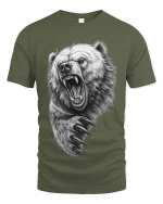 Angry Bear Roar Claw Attack Realistic Drawing T Shirt Graphic Tee - military green t-shirt on white background