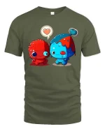 Adorable Monster Love Pair Cartoon Style Graphic T Shirt Tee - military green t-shirt on white background