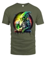 Funny Alien Drinking Beer Space Art Graphic T Shirt Tee - military green t-shirt on white background