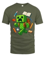 Pixel Monster Student School Supplies Cartoon Graphic T Shirt Tee - military green t-shirt on white background