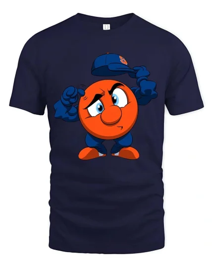 Cute Mascot Removing Hat Funny Graphic T Shirt Tee - navy t-shirt on white background