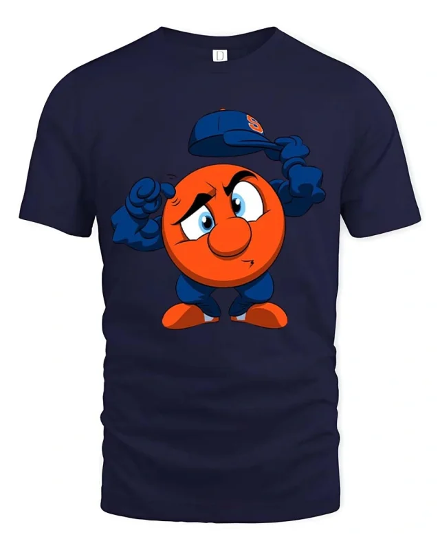 Cute Mascot Removing Hat Funny Graphic T Shirt Tee - navy t-shirt on white background