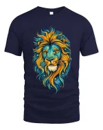 Colorful Lion Head Cosmic Art Graphic T Shirt Bold Style Tee - navy t-shirt on white background