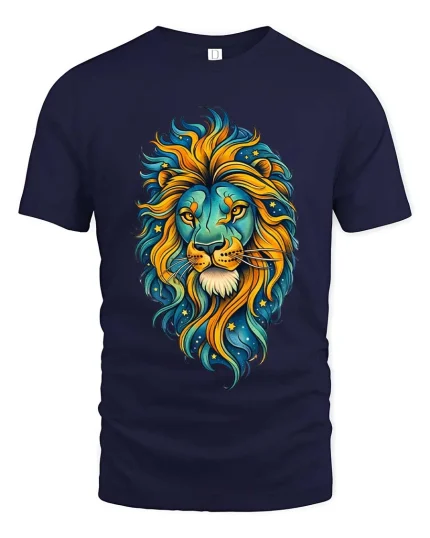 Colorful Lion Head Cosmic Art Graphic T Shirt Bold Style Tee - navy t-shirt on white background