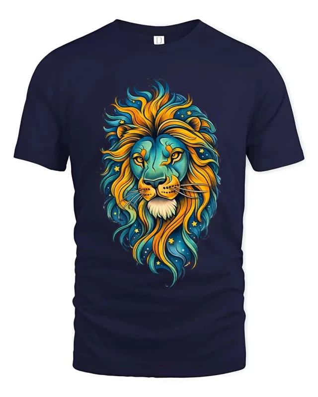 Colorful Lion Head Cosmic Art Graphic T Shirt Bold Style Tee - navy t-shirt on white background
