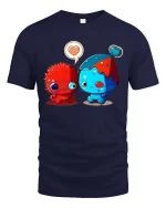 Adorable Monster Love Pair Cartoon Style Graphic T Shirt Tee - navy t-shirt on white background