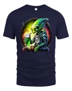 Funny Alien Drinking Beer Space Art Graphic T Shirt Tee - navy t-shirt on white background