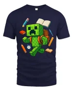 Pixel Monster Student School Supplies Cartoon Graphic T Shirt Tee - navy t-shirt on white background