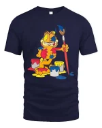 Funny Lazy Cat Painter Cartoon Art Graphic T Shirt Tee - navy t-shirt on white background