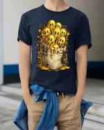 Cute Melting Ghost Characters Gold Style Graphic T Shirt Tee - model wearing navy tee with hands in pockets