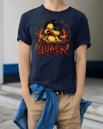 Funny Rock Style Duck Quack Graphic T Shirt Fire Metal Tee - model wearing navy tee with hands in pockets