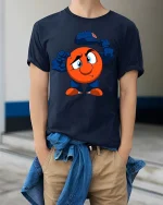 Cute Mascot Removing Hat Funny Graphic T Shirt Tee - model wearing navy tee with hands in pockets
