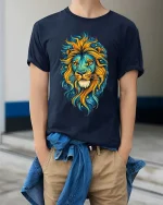 Colorful Lion Head Cosmic Art Graphic T Shirt Bold Style Tee - model wearing navy tee with hands in pockets