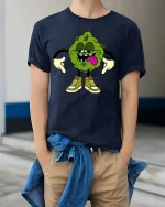 Vintage Shark Attack Nautical Graphic T Shirt Bold Ocean Tee - model wearing navy tee with hands in pockets