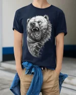 Angry Bear Roar Claw Attack Realistic Drawing T Shirt Graphic Tee - model wearing navy tee with hands in pockets