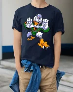 Fierce Cartoon Duck Mascot Football Style Graphic T Shirt Tee - model wearing navy tee with hands in pockets