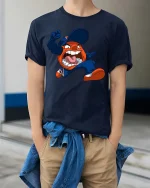Wild Shouting Mascot Character Cartoon Graphic T Shirt Tee - model wearing navy tee with hands in pockets