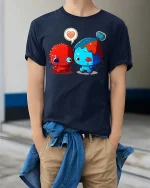 Adorable Monster Love Pair Cartoon Style Graphic T Shirt Tee - model wearing navy tee with hands in pockets