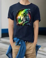 Funny Alien Drinking Beer Space Art Graphic T Shirt Tee - model wearing navy tee with hands in pockets