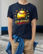 All Stars Softball Graphic T Shirt Golden Ball Sports Tee - model wearing navy tee with hands in pockets