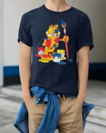 Funny Lazy Cat Painter Cartoon Art Graphic T Shirt Tee - model wearing navy tee with hands in pockets