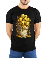 Cute Melting Ghost Characters Gold Style Graphic T Shirt Tee - model wearing black tee with hands behind back