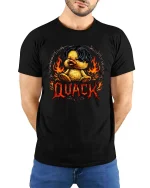 Funny Rock Style Duck Quack Graphic T Shirt Fire Metal Tee - model wearing black tee with hands behind back
