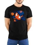 Cool Basketball Cartoon Character Sports Graphic T Shirt Tee - model wearing black tee with hands behind back