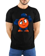 Cute Mascot Removing Hat Funny Graphic T Shirt Tee - model wearing black tee with hands behind back