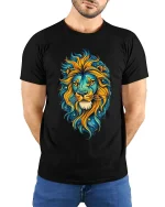 Colorful Lion Head Cosmic Art Graphic T Shirt Bold Style Tee - model wearing black tee with hands behind back