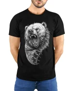 Angry Bear Roar Claw Attack Realistic Drawing T Shirt Graphic Tee - model wearing black tee with hands behind back