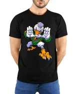 Fierce Cartoon Duck Mascot Football Style Graphic T Shirt Tee - model wearing black tee with hands behind back