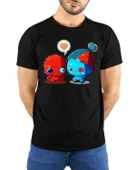 Adorable Monster Love Pair Cartoon Style Graphic T Shirt Tee - model wearing black tee with hands behind back