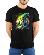 Funny Alien Drinking Beer Space Art Graphic T Shirt Tee - model wearing black tee with hands behind back
