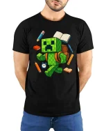 Pixel Monster Student School Supplies Cartoon Graphic T Shirt Tee - model wearing black tee with hands behind back