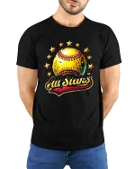 All Stars Softball Graphic T Shirt Golden Ball Sports Tee - model wearing black tee with hands behind back