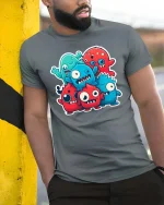 Funny Little Monster Squad Cartoon Style Graphic T Shirt Tee - model wearing grey tee, leaning on column