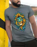 Colorful Lion Head Cosmic Art Graphic T Shirt Bold Style Tee - model wearing grey tee, leaning on column