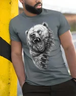 Angry Bear Roar Claw Attack Realistic Drawing T Shirt Graphic Tee - model wearing grey tee, leaning on column