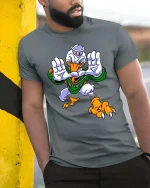 Fierce Cartoon Duck Mascot Football Style Graphic T Shirt Tee - model wearing grey tee, leaning on column