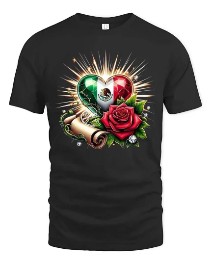 Mexican Heart Rose Pride Graphic Cultural Love T-Shirt - black t-shirt on white background