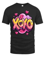 XOXO Love Heart Cute Cartoon Valentines Graphic T-Shirt - black t-shirt on white background
