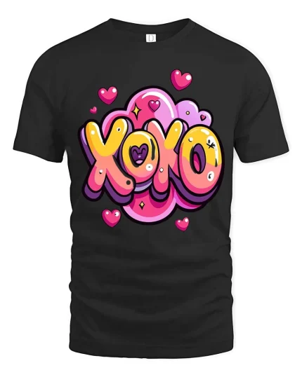 XOXO Love Heart Cute Cartoon Valentines Graphic T-Shirt - black t-shirt on white background