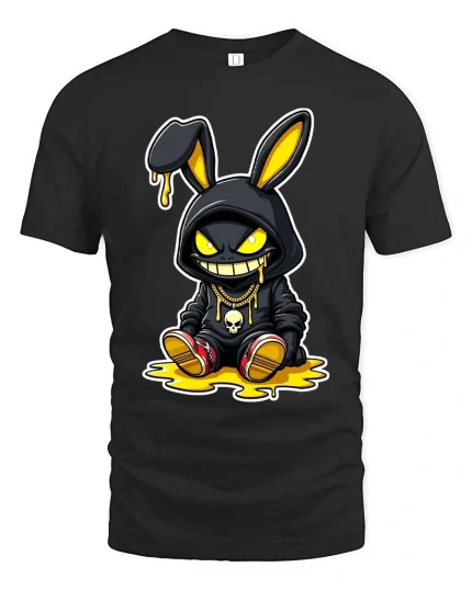 Streetwear Bunny Drip Hoodie Style Graphic T-Shirt Design - black t-shirt on white background