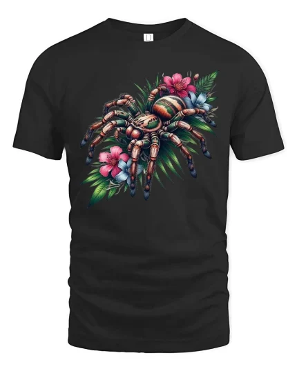 Tarantula Flower Botanical Art Graphic T-Shirt Design - black t-shirt on white background