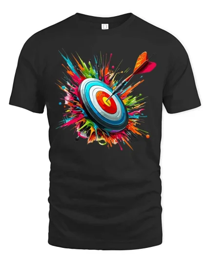 Bullseye Target Dart Color Splash Graphic T-Shirt Design - black t-shirt on white background