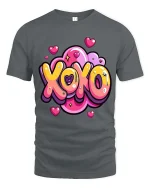 XOXO Love Heart Cute Cartoon Valentines Graphic T-Shirt - gray t-shirt on white background